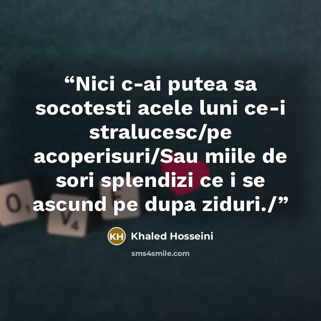 “Nici c-ai putea sa socotesti acele luni ce-i stralucesc/pe acoperisuri/Sau miile de sori splendizi ce i se ascund pe dupa ziduri./” quote by Khaled Hosseini