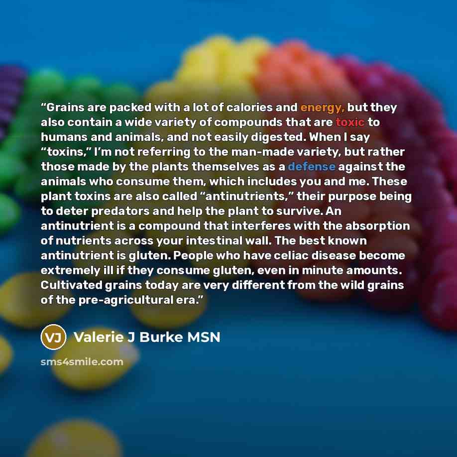 “Grains are packed with a lot of calories and energy, but they also contain a wide variety of compounds that are toxic to humans and animals, and not easily digested. When I say “toxins,” I’m not referring to the man-made variety, but rather those made by the plants themselves as a defense against…” quote by Valerie J Burke MSN