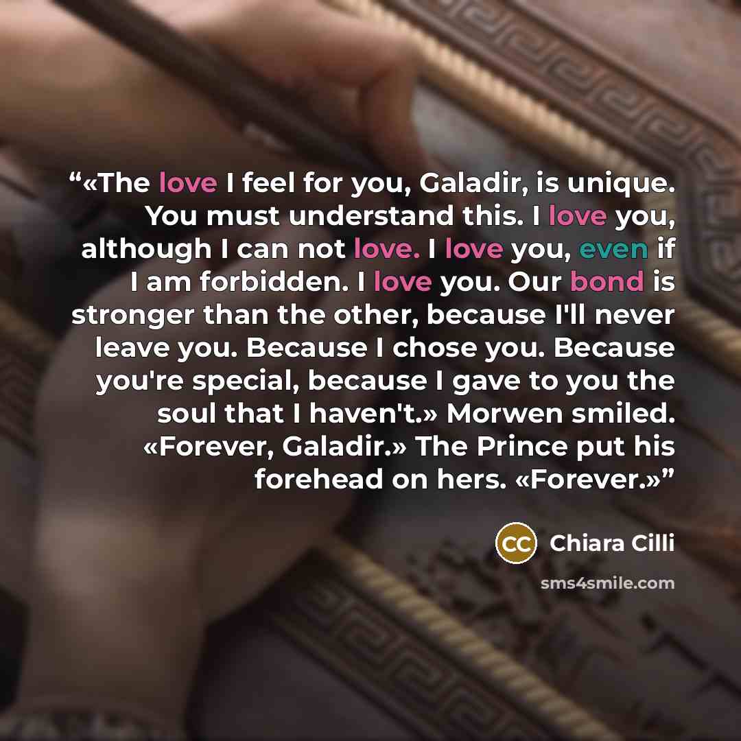 “The love I feel for you, Galadir, is unique. You must understand this. I love you, although I can not love. I love you, even if I am forbidden. I love you. Our bond is stronger than the other, because I'll never leave you. Because I chose you. Because you're special, because I gave to you the soul…” quote by Chiara Cilli
