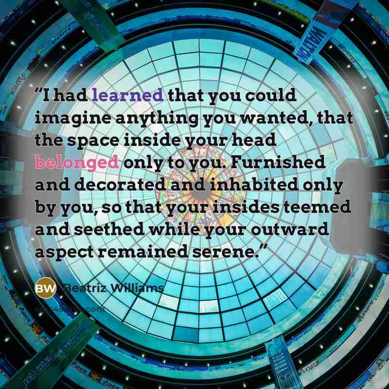 “I had learned that you could imagine anything you wanted, that the space inside your head belonged only to you. Furnished and decorated and inhabited only by you, so that your insides teemed and seethed while your outward aspect remained serene.” quote by Beatriz Williams