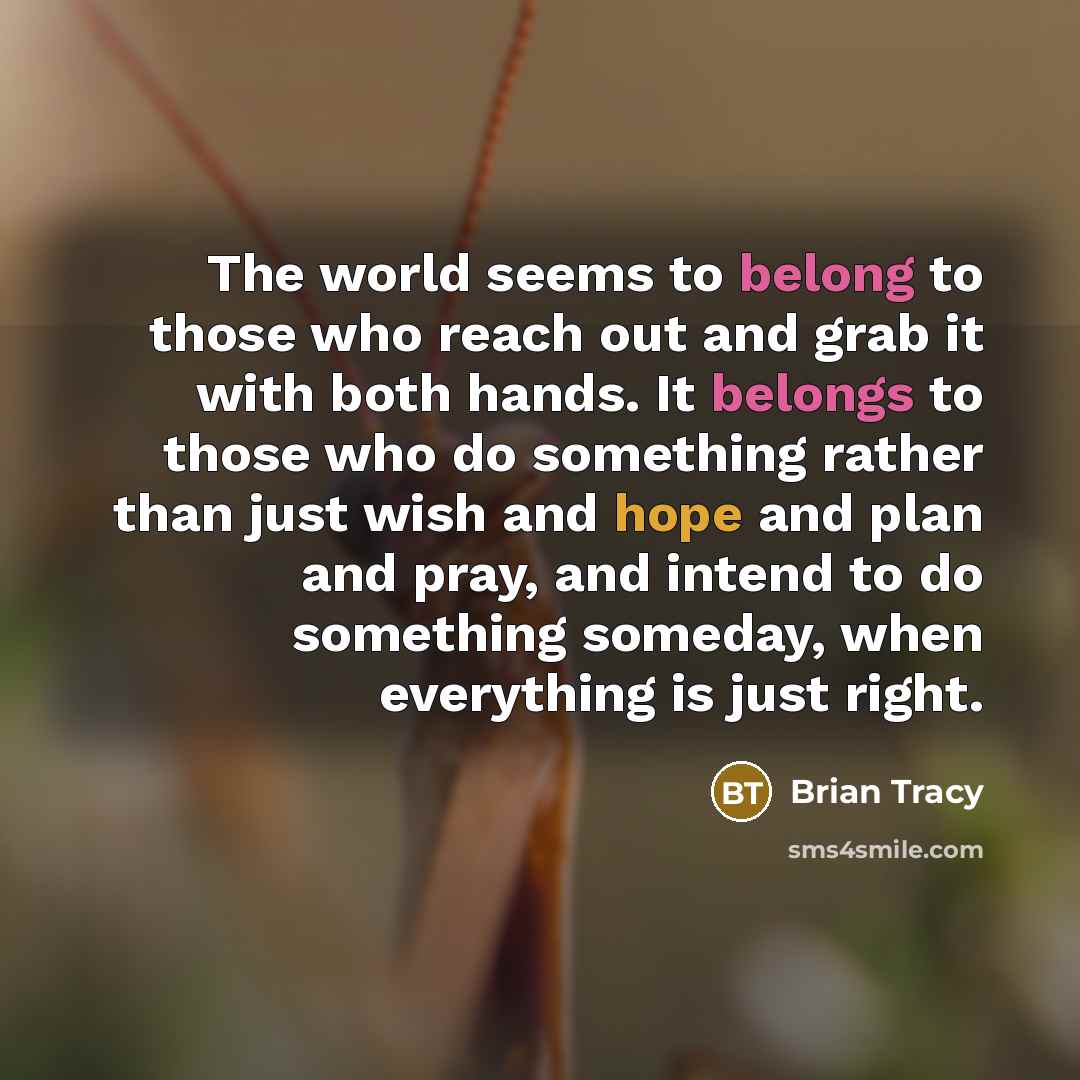 “The world seems to belong to those who reach out and grab it with both hands. It belongs to those who do something rather than just wish and hope and plan and pray, and intend to do something someday, when everything is just right.” quote by Brian Tracy