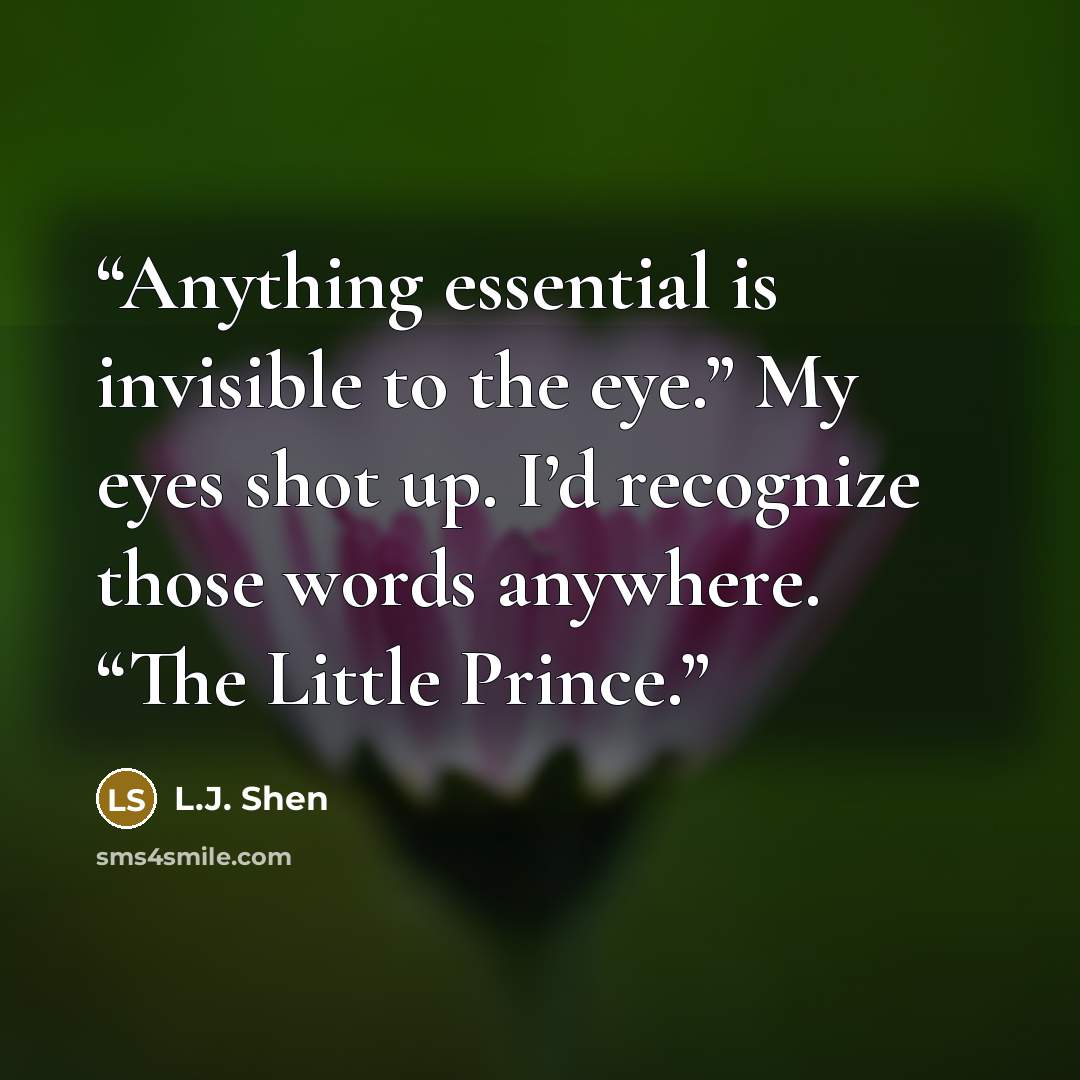 “Anything essential is invisible to the eye.” My eyes shot up. I’d recognize those words anywhere. “The Little Prince.” quote by L.J. Shen