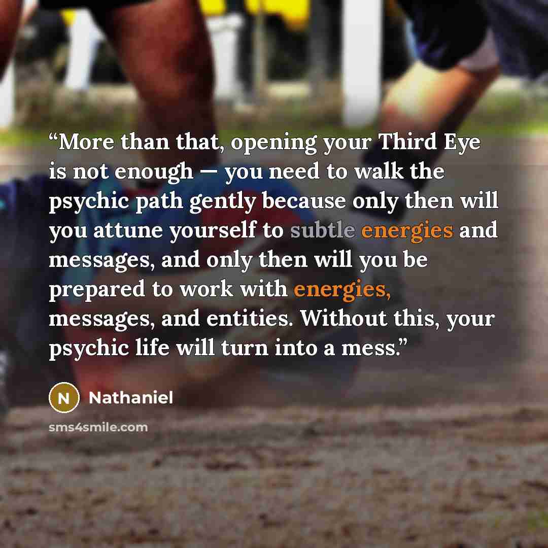 “More than that, opening your Third Eye is not enough — you need to walk the psychic path gently because only then will you attune yourself to subtle energies and messages, and only then will you be prepared to work with energies, messages, and entities. Without this, your psychic life will turn…” quote by Nathaniel