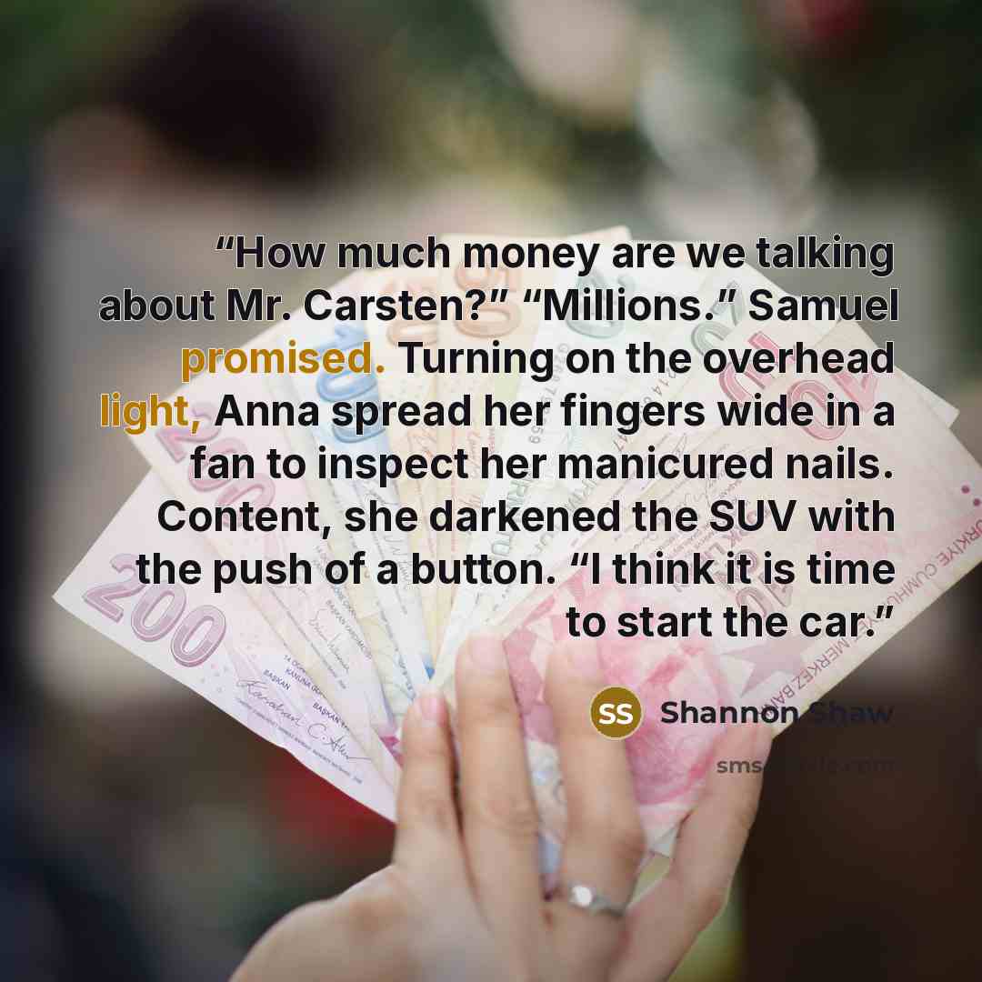 “How much money are we talking about Mr. Carsten?” “Millions.” Samuel promised. Turning on the overhead light, Anna spread her fingers wide in a fan to inspect her manicured nails. Content, she darkened the SUV with the push of a button. “I think it is time to start the car.” quote by Shannon Shaw