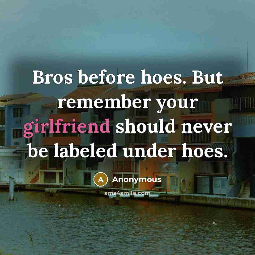 “Bros before hoes. But remember your girlfriend should never be labeled under hoes.” quote by Anonymous