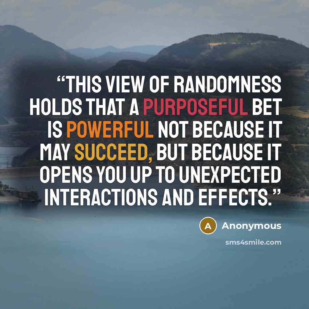 “This view of randomness holds that a purposeful bet is powerful not because it may succeed, but because it opens you up to unexpected interactions and effects.” quote by Anonymous