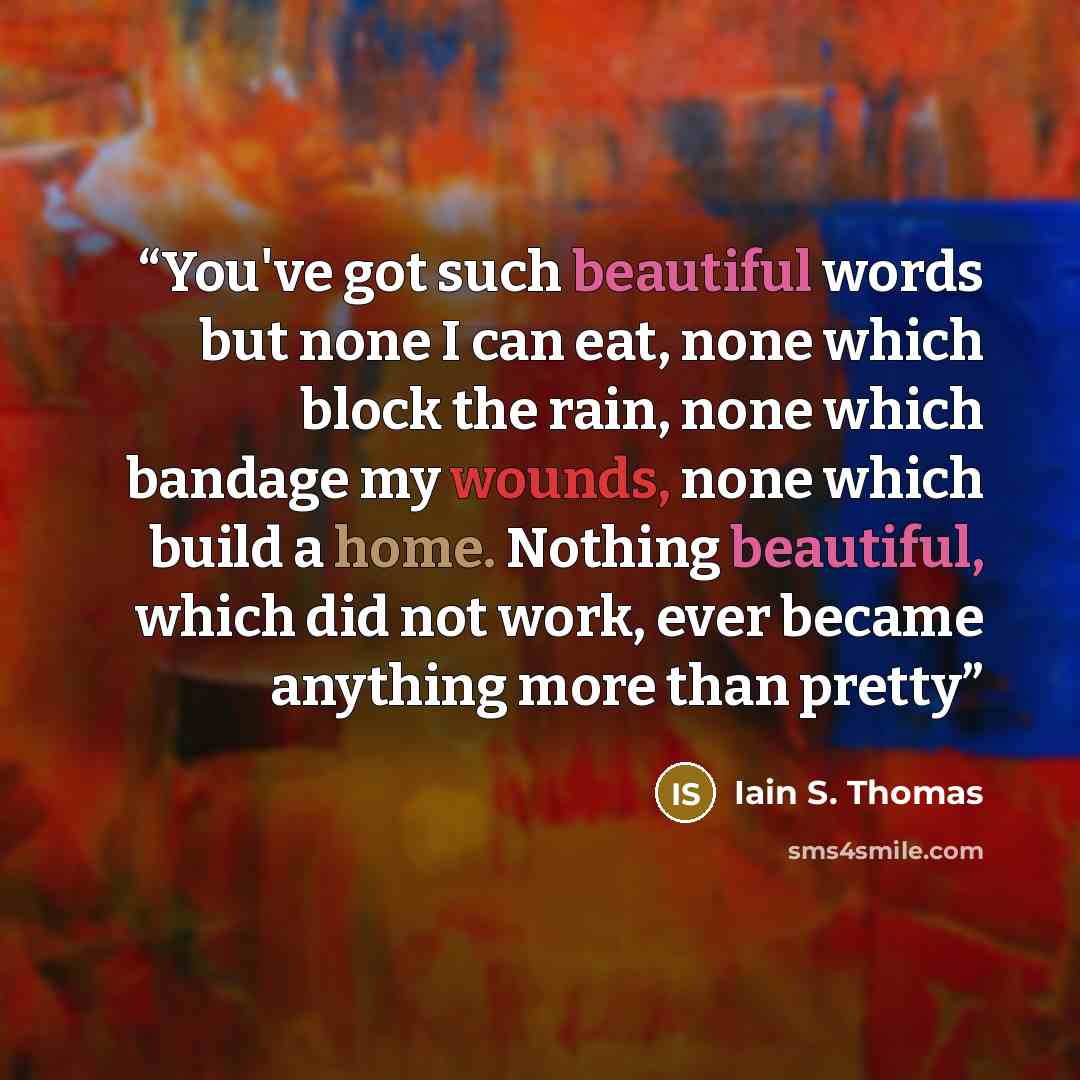 “You've got such beautiful words but none I can eat, none which block the rain, none which bandage my wounds, none which build a home. Nothing beautiful, which did not work, ever became anything more than pretty” quote by Iain S. Thomas