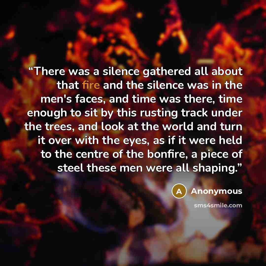 “There was a silence gathered all about that fire and the silence was in the men's faces, and time was there, time enough to sit by this rusting track under the trees, and look at the world and turn it over with the eyes, as if it were held to the centre of the bonfire, a piece of steel these men…” quote by Anonymous