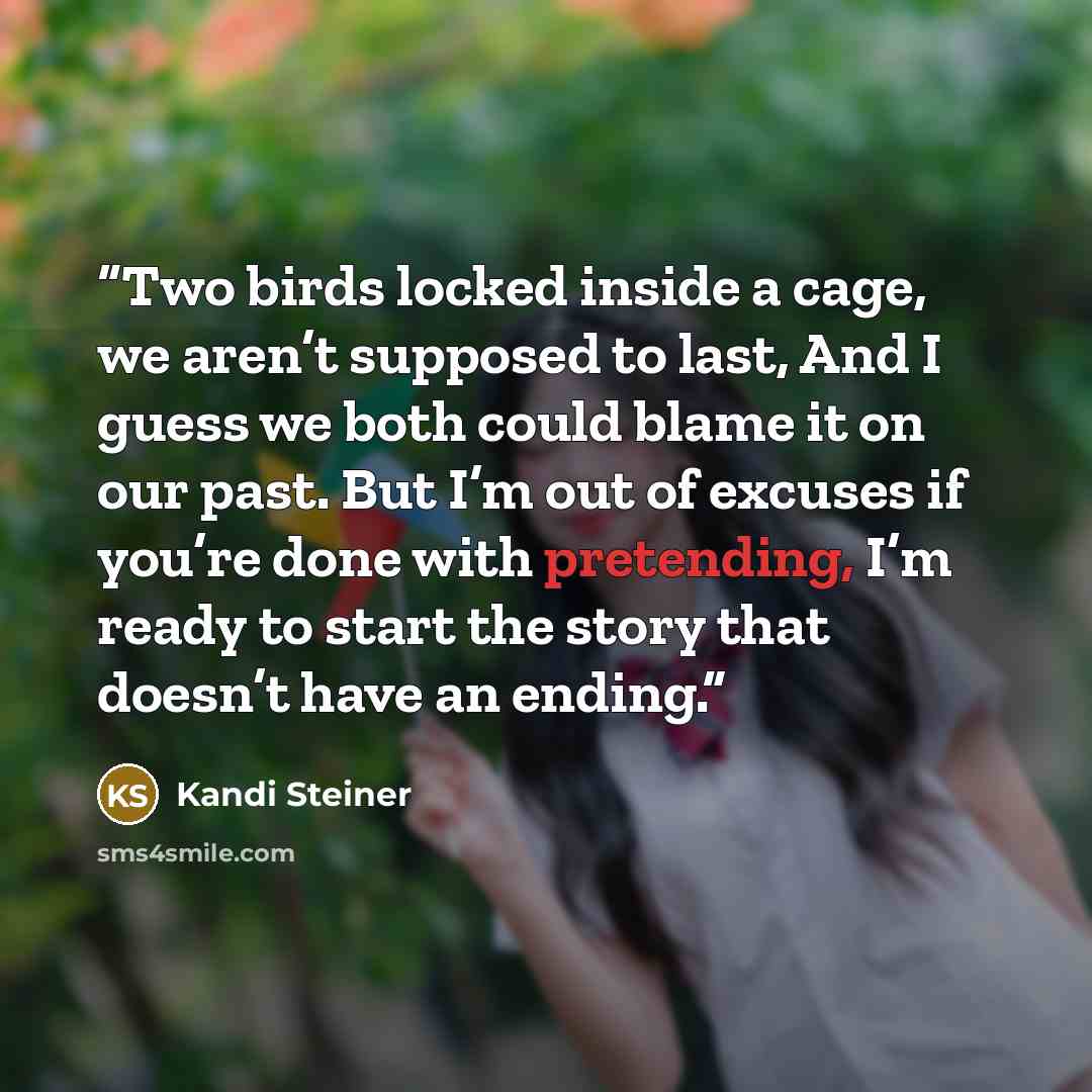 “Two birds locked inside a cage, we aren’t supposed to last, And I guess we both could blame it on our past. But I’m out of excuses if you’re done with pretending, I’m ready to start the story that doesn’t have an ending.” quote by Kandi Steiner