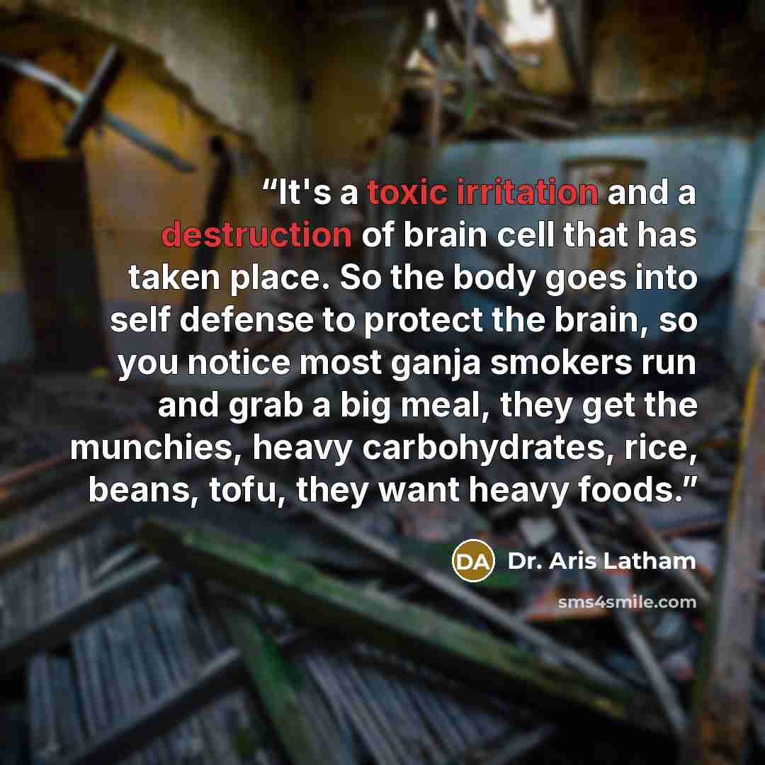 “It's a toxic irritation and a destruction of brain cell that has taken place. So the body goes into self defense to protect the brain, so you notice most ganja smokers run and grab a big meal, they get the munchies, heavy carbohydrates, rice, beans, tofu, they want heavy foods.” quote by Dr. Aris Latham