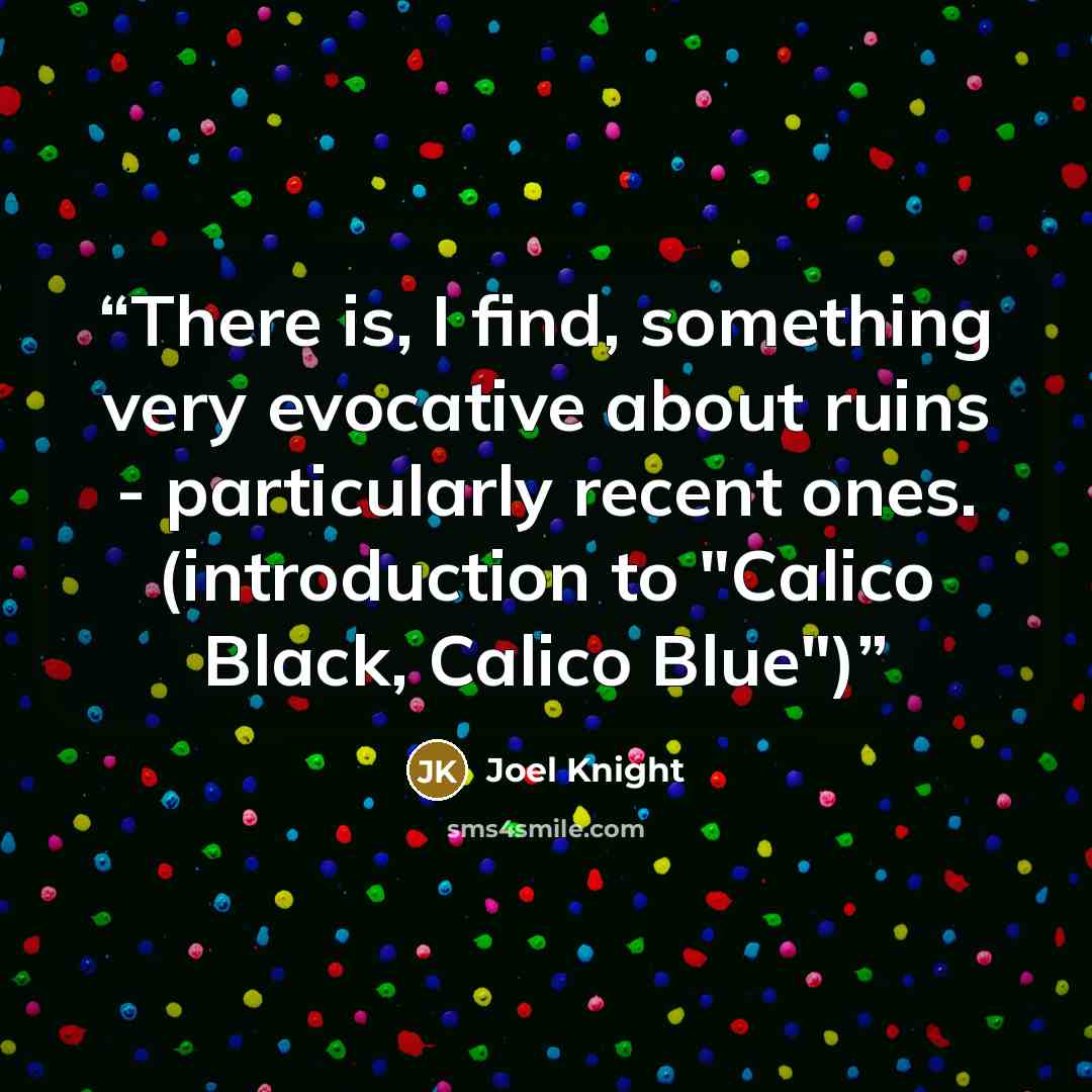 “There is, I find, something very evocative about ruins - particularly recent ones. (introduction to "Calico Black, Calico Blue")” quote by Joel Knight