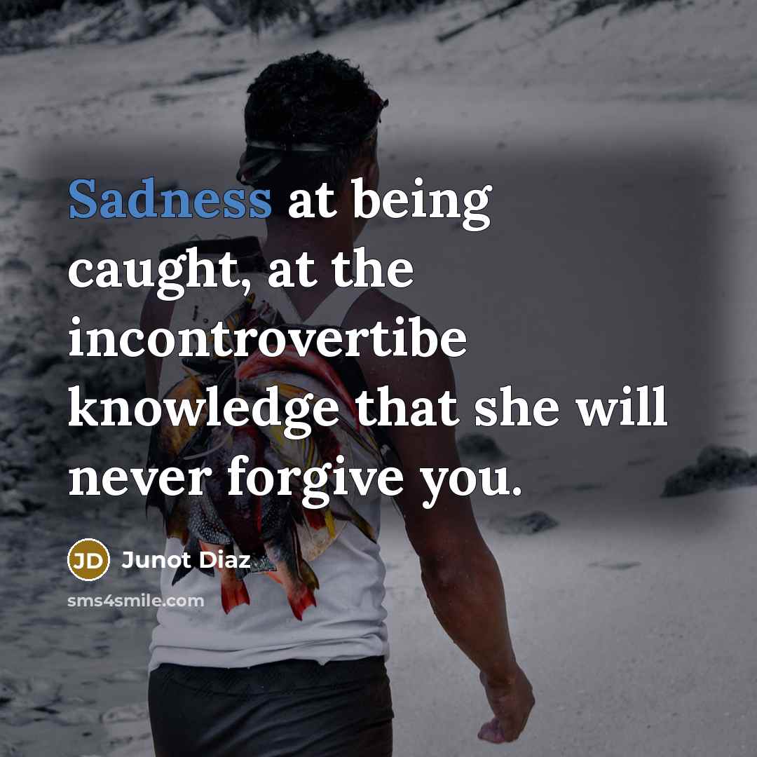 “Sadness at being caught, at the incontrovertibe knowledge that she…” quote by Junot Diaz
