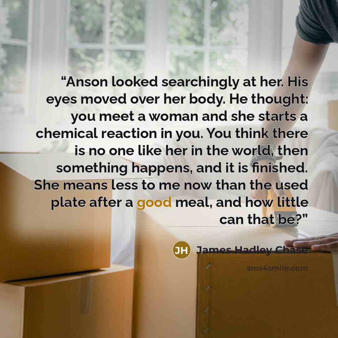 “Anson looked searchingly at her. His eyes moved over her body. He thought: you meet a woman and she starts a chemical reaction in you. You think there is no one like her in the world, then something happens, and it is finished. She means less to me now than the used plate after a good meal, and…” quote by James Hadley Chase