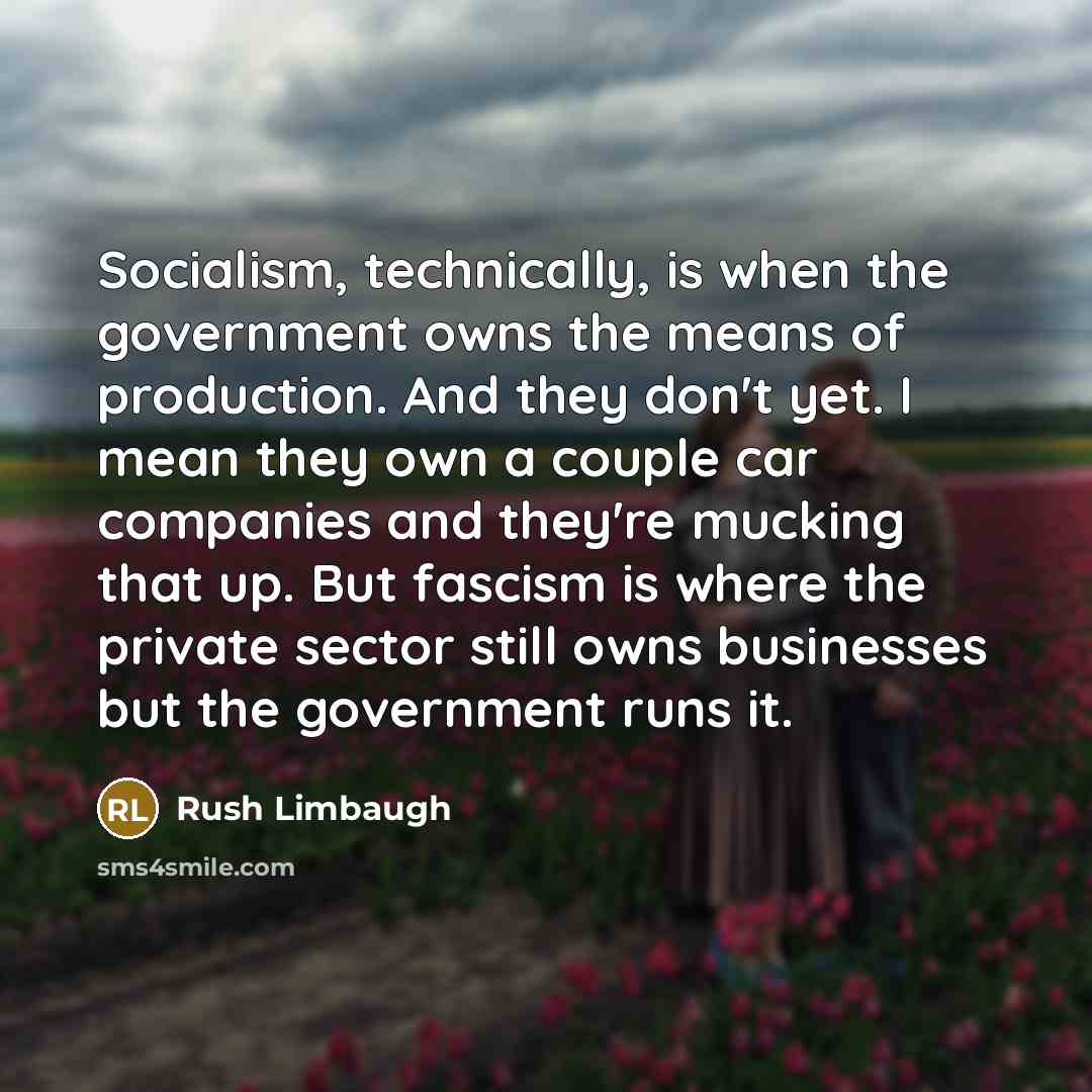 “Socialism, technically, is when the government owns the means of production. And they don't yet. I mean they own a couple car companies and they're mucking that up. But fascism is where the private sector still owns businesses but the government runs it.” quote by Rush Limbaugh