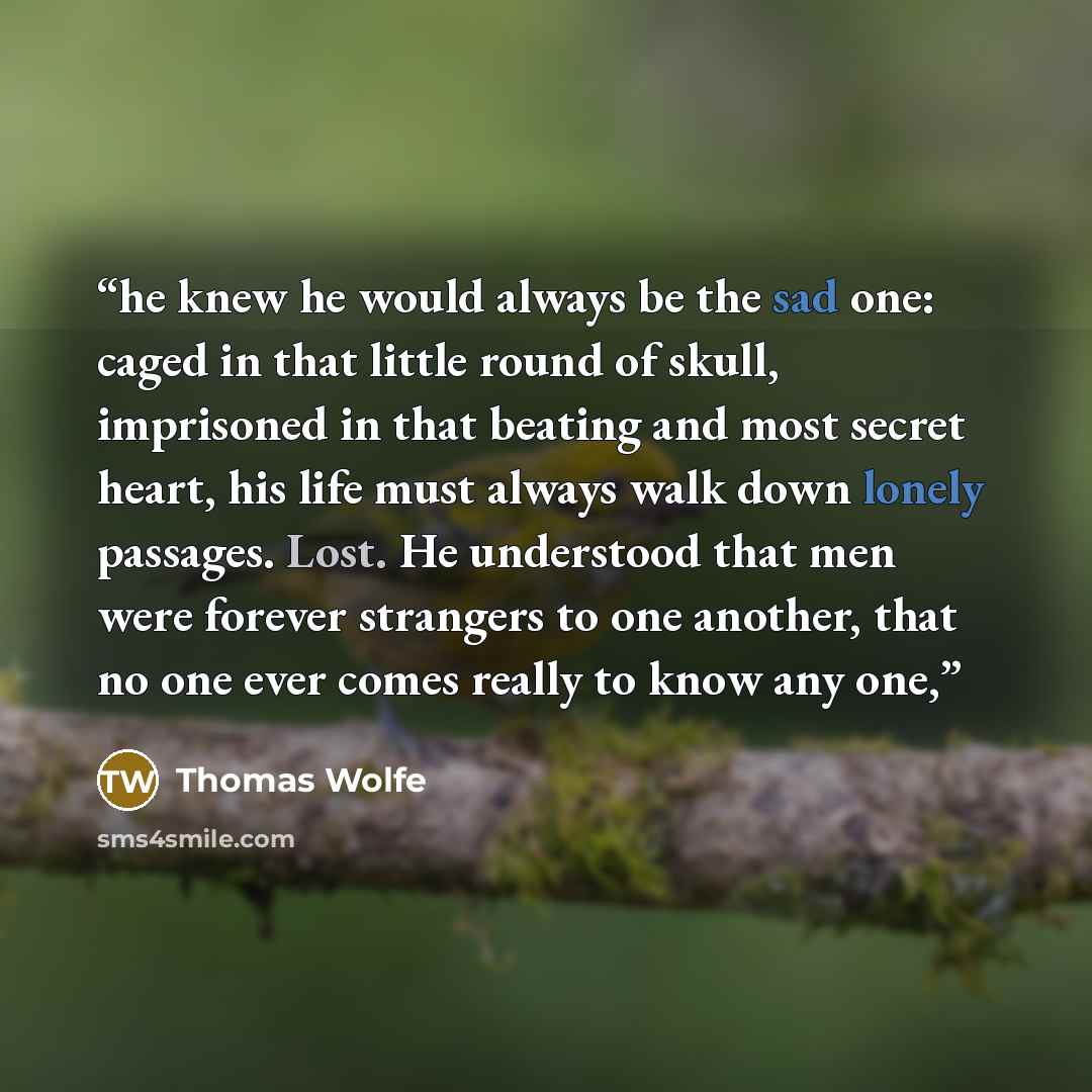 “he knew he would always be the sad one: caged in that little round of skull, imprisoned in that beating and most secret heart, his life must always walk down lonely passages. Lost. He understood that men were forever strangers to one another, that no one ever comes really to know any one,” quote by Thomas Wolfe
