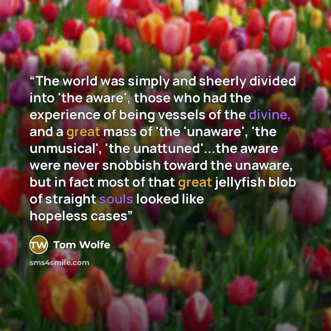 “The world was simply and sheerly divided into 'the aware', those who had the experience of being vessels of the divine, and a great mass of 'the 'unaware', 'the unmusical', 'the unattuned'...the aware were never snobbish toward the unaware, but in fact most of that great jellyfish blob of straight…” quote by Tom Wolfe