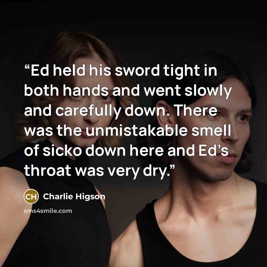 “Ed held his sword tight in both hands and went slowly and carefully down. There was the unmistakable smell of sicko down here and Ed’s throat was very dry.” quote by Charlie Higson