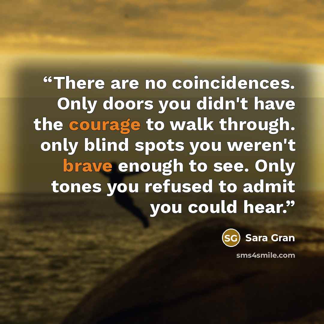 “There are no coincidences. Only doors you didn't have the courage to walk through. only blind spots you weren't brave enough to see. Only tones you refused to admit you could hear.” quote by Sara Gran
