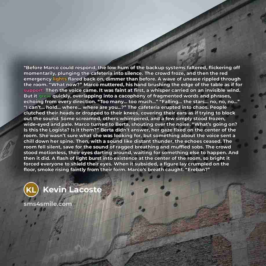 “Before Marco could respond, the low hum of the backup systems faltered, flickering off momentarily, plunging the cafeteria into silence. The crowd froze, and then the red emergency lights flared back on, dimmer than before. A wave of unease rippled through the room. “What now?” Marco muttered, his…” quote by Kevin Lacoste