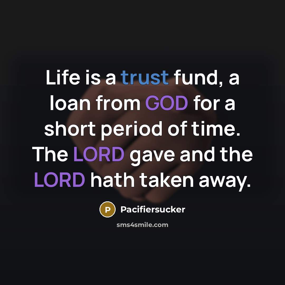 “Life is a trust fund, a loan from GOD for a short period of time. The LORD gave and the LORD hath taken away.” quote by Pacifiersucker