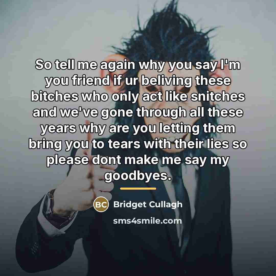 “So tell me again why you say I'm you friend…” quote by Bridget Cullagh