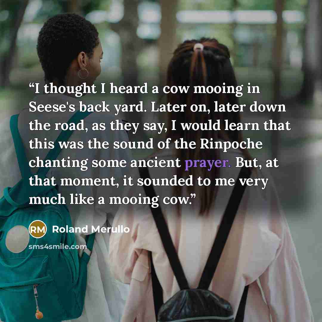 “I thought I heard a cow mooing in Seese's back yard. Later on, later down the road, as they say, I would learn that this was the sound of the Rinpoche chanting some ancient prayer. But, at that moment, it sounded to me very much like a mooing cow.” quote by Roland Merullo