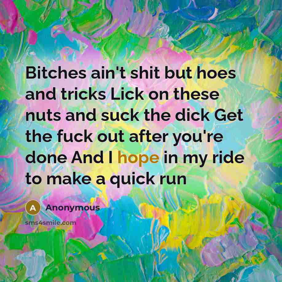 “Bitches ain't shit but hoes and tricks Lick on these nuts and suck the dick Get the fuck out after you're done And I hope in my ride to make a quick run” quote by Anonymous