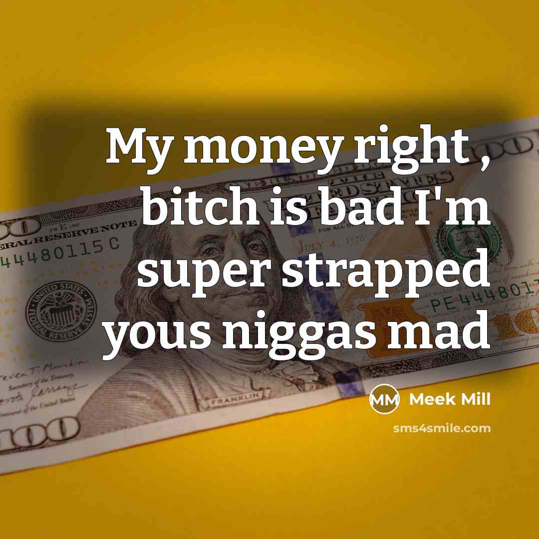 “My money right , bitch is bad I'm super strapped yous niggas mad” quote by Meek Mill