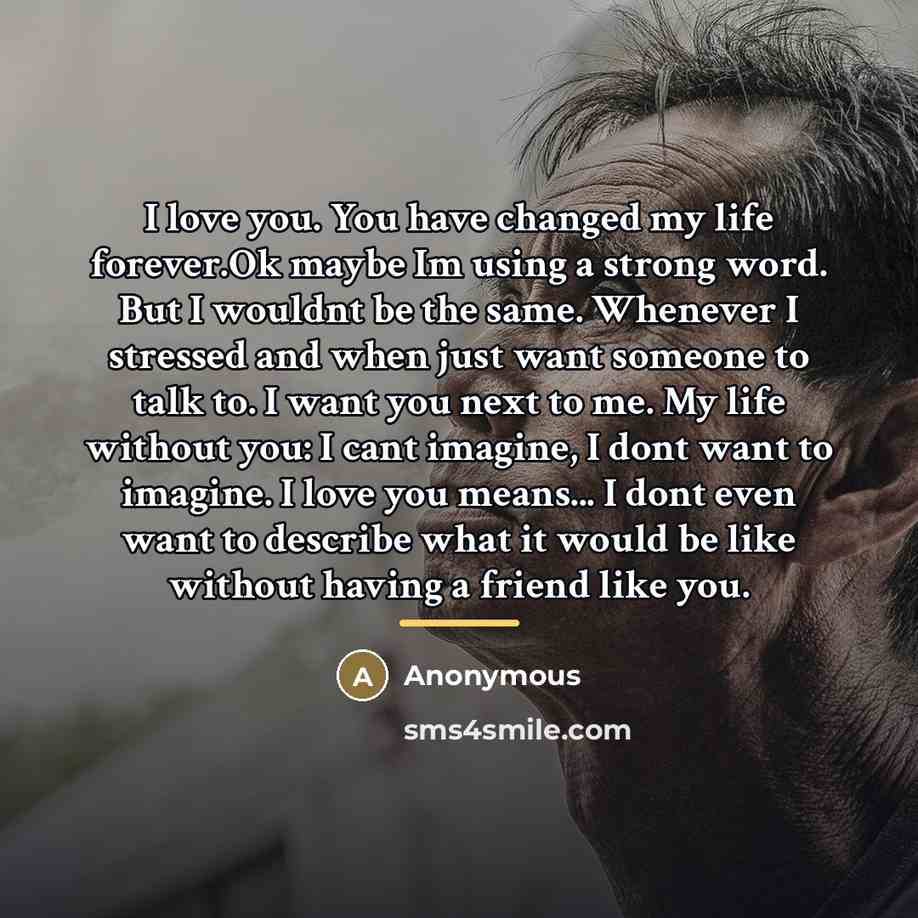 “I love you. You have changed my life forever.Ok maybe Im using a strong word. But I wouldnt be the same. Whenever I stressed and when just want someone to talk to. I want you next to me. My life without you: I cant imagine, I dont want to imagine. I love you means... I dont even want to describe…” quote by Anonymous