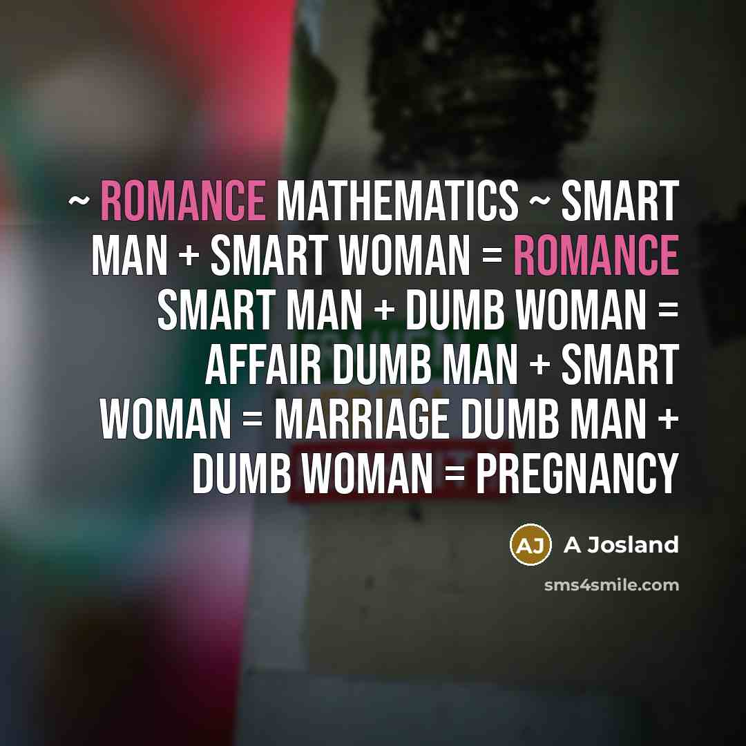 “~ Romance Mathematics ~ Smart Man + Smart Woman = Romance Smart Man + Dumb Woman = Affair Dumb Man + Smart Woman = Marriage Dumb Man + Dumb Woman = Pregnancy” quote by A Josland