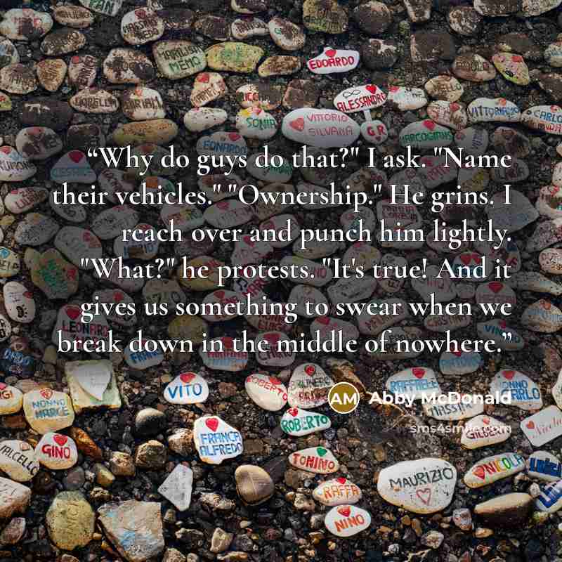 “Why do guys do that?" I ask. "Name their vehicles." "Ownership." He grins. I reach over and punch him lightly. "What?" he protests. "It's true! And it gives us something to swear when we break down in the middle of nowhere.” quote by Abby McDonald