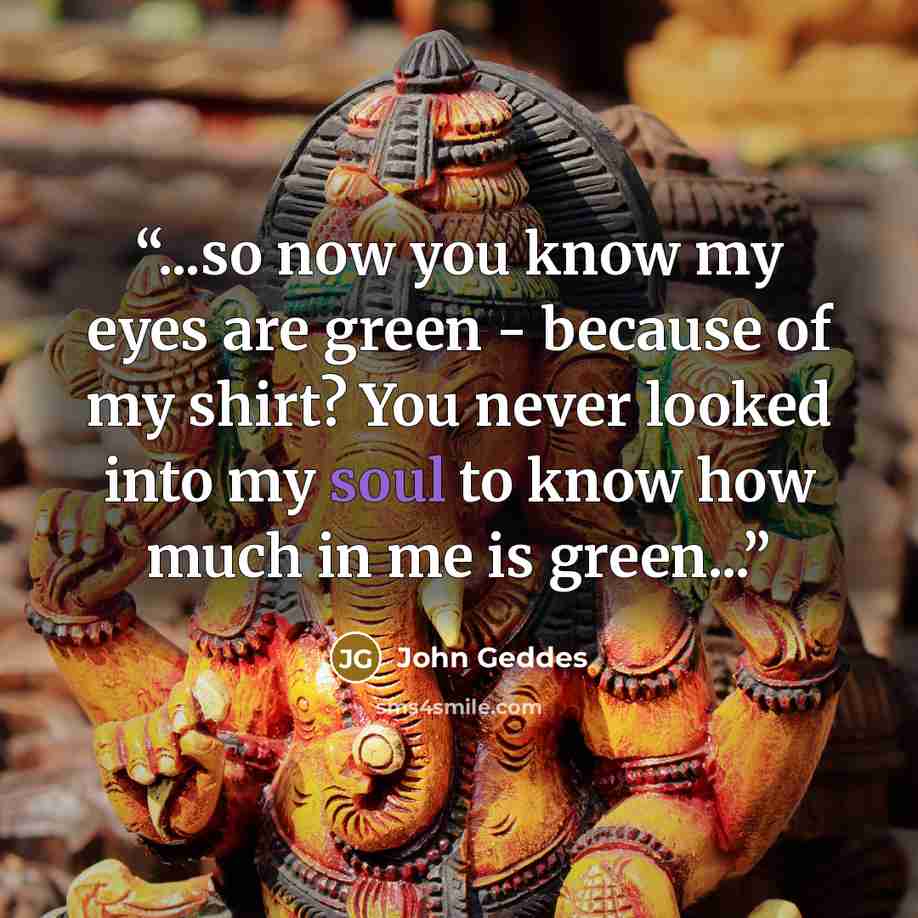 “...so now you know my eyes are green - because of my shirt? You never looked into my soul to know how much in me is green...” quote by John Geddes