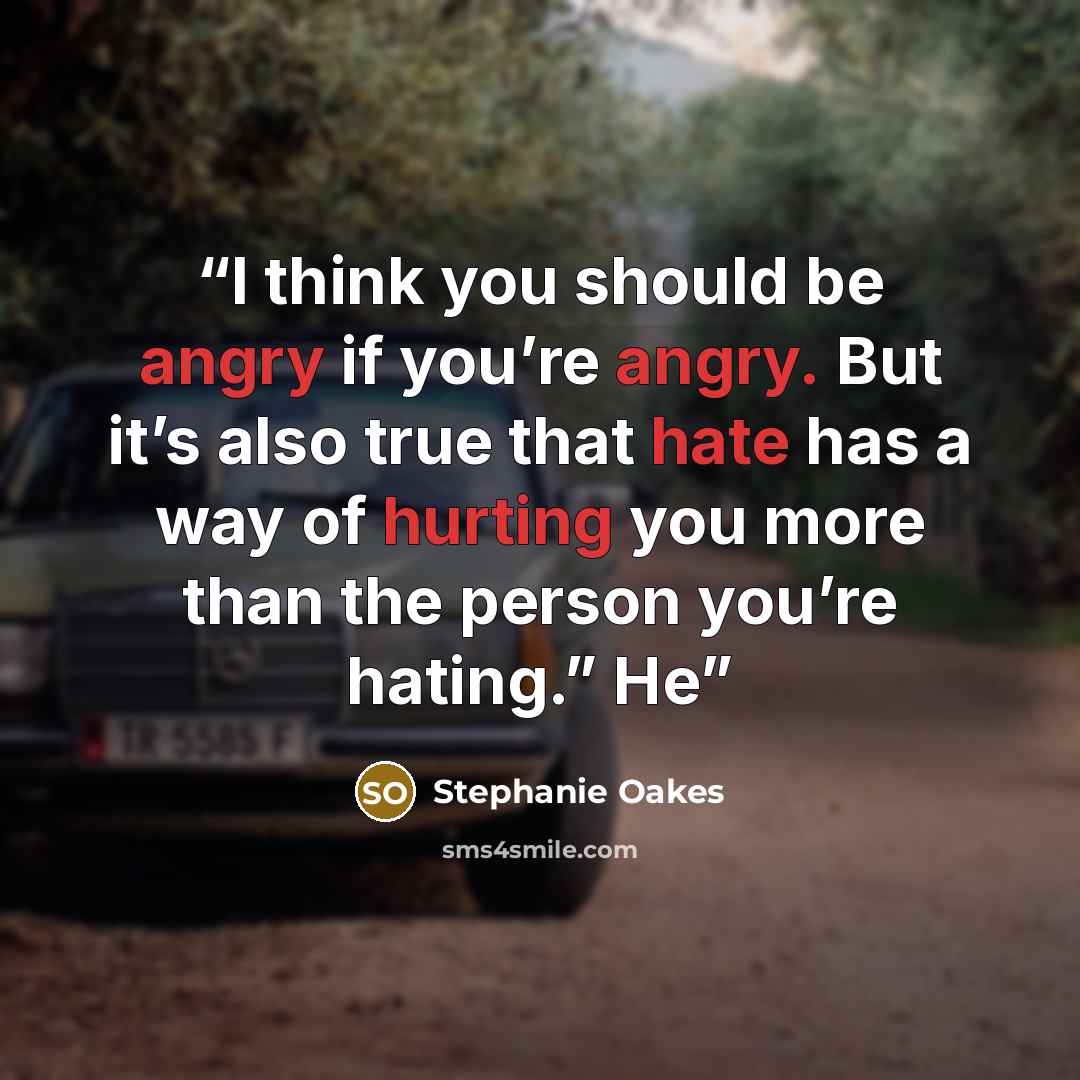 “I think you should be angry if you’re angry. But it’s also true that hate has a way of hurting you more than the person you’re hating.” He” quote by Stephanie Oakes