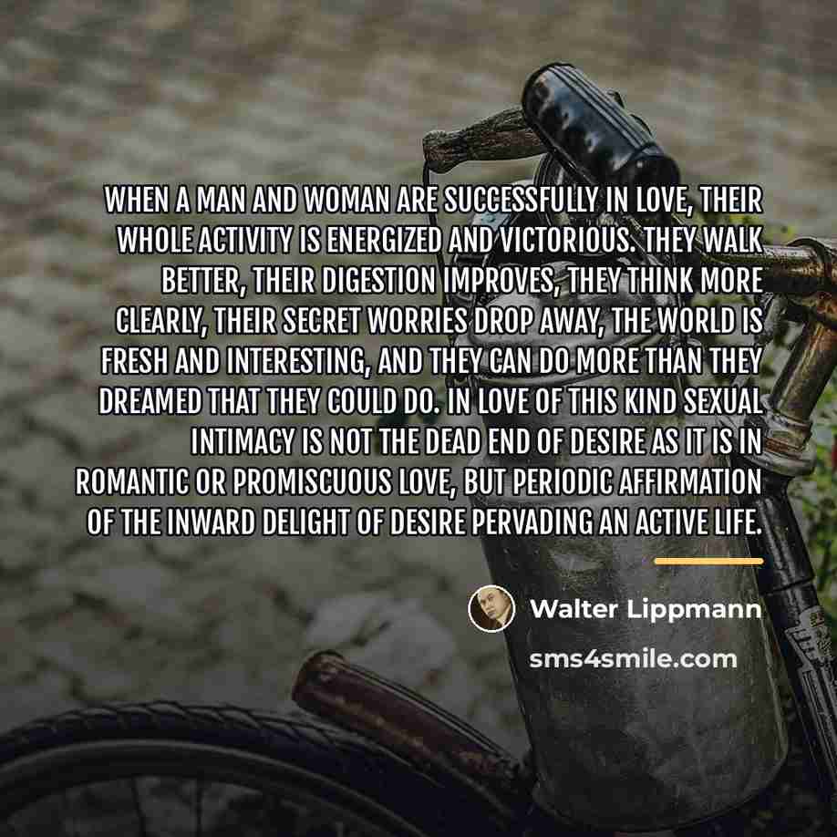 “When a man and woman are successfully in love, their…” quote by Walter Lippmann