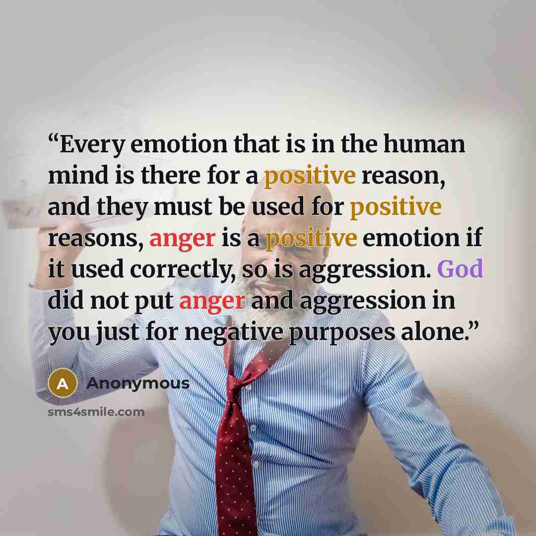 “Every emotion that is in the human mind is there for a positive reason, and they must be used for positive reasons, anger is a positive emotion if it used correctly, so is aggression. God did not put anger and aggression in you just for negative purposes alone.” quote by Anonymous