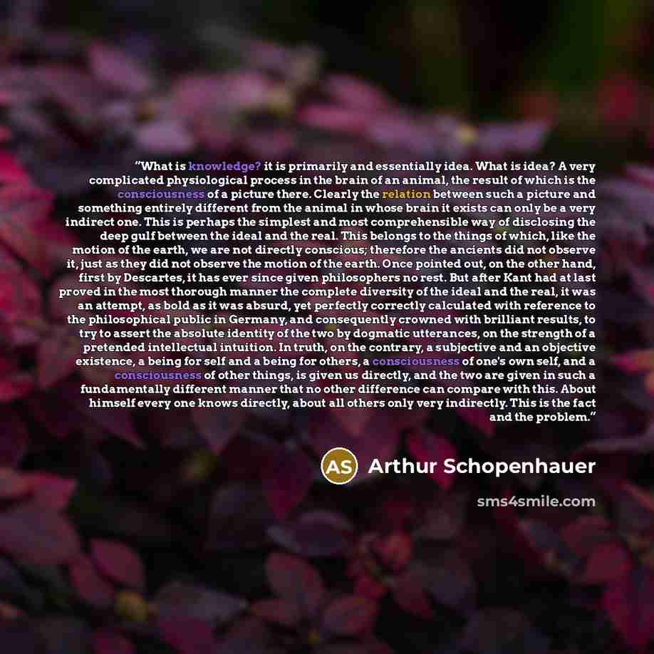“What is knowledge? it is primarily and essentially idea. What is idea? A very complicated physiological process in the brain of an animal, the result of which is the consciousness of a picture there. Clearly the relation between such a picture and something entirely different from the animal in…” quote by Arthur Schopenhauer