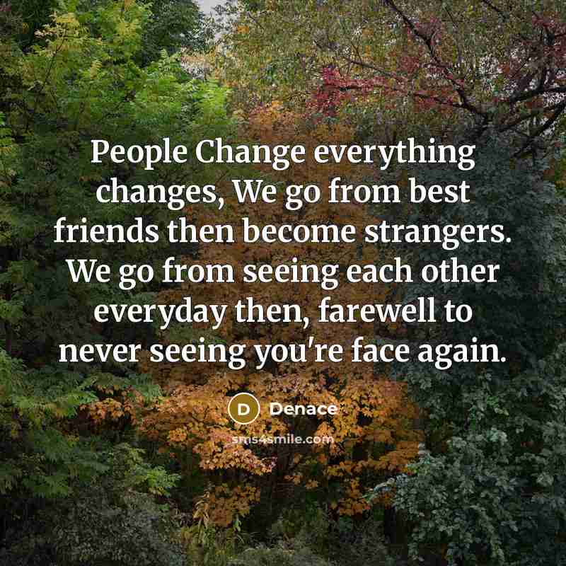 “People Change everything changes, We go from best friends then become strangers. We go from seeing each other everyday then, farewell to never seeing you're face again.” quote by Denace