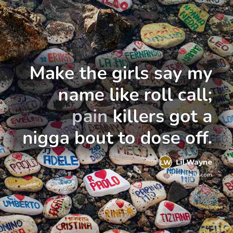 “Make the girls say my name like roll call; pain killers got a nigga bout to dose off.” quote by Lil Wayne