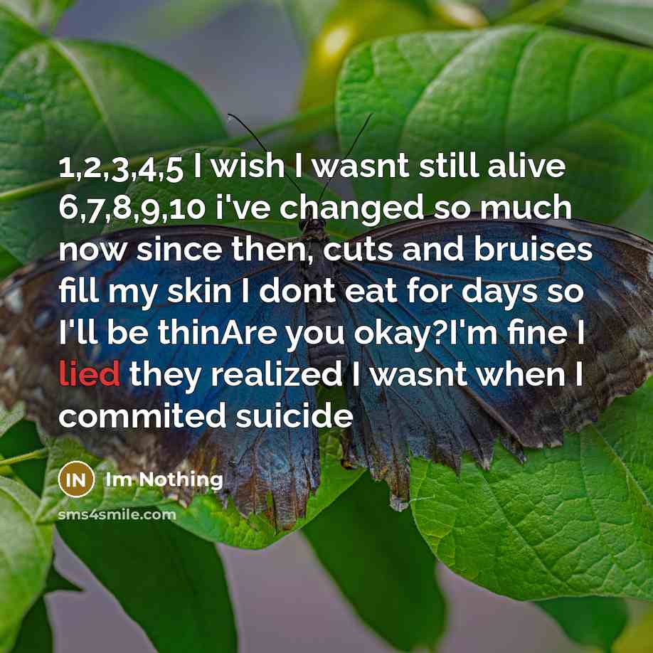 “1,2,3,4,5 I wish I wasnt still alive 6,7,8,9,10 i've changed so much now since then, cuts and bruises fill my skin I dont eat for days so I'll be thinAre you okay?I'm fine I lied they realized I wasnt when I commited suicide” quote by Im Nothing