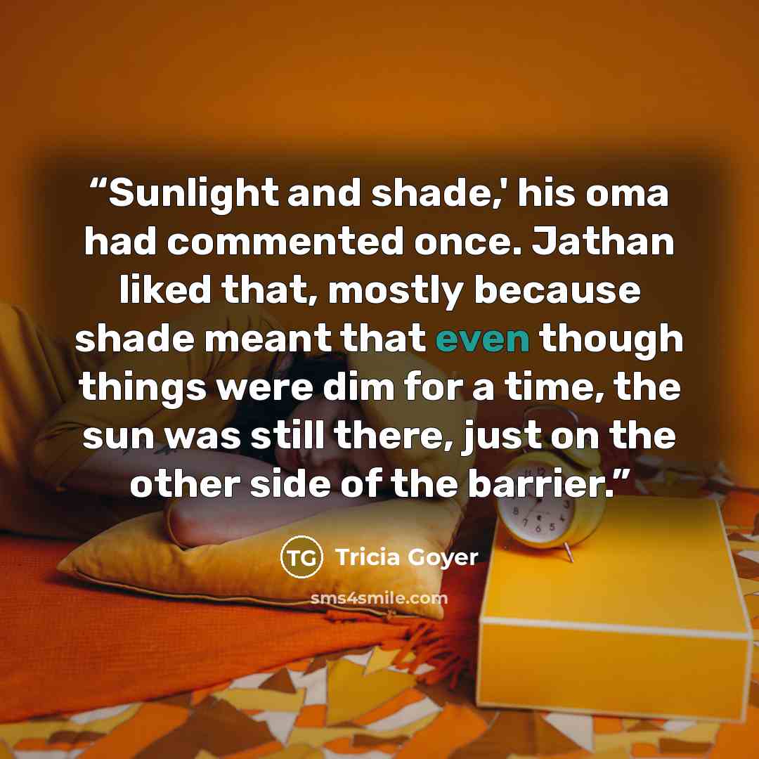 “Sunlight and shade,' his oma had commented once. Jathan liked that, mostly because shade meant that even though things were dim for a time, the sun was still there, just on the other side of the barrier.” quote by Tricia Goyer