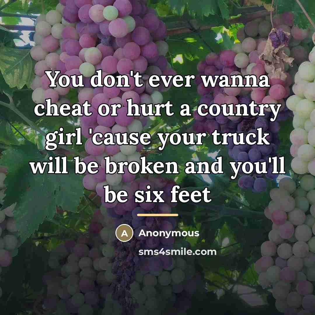 “You don't ever wanna cheat or hurt a country girl 'cause your truck will be broken and you'll be six feet” quote by Anonymous