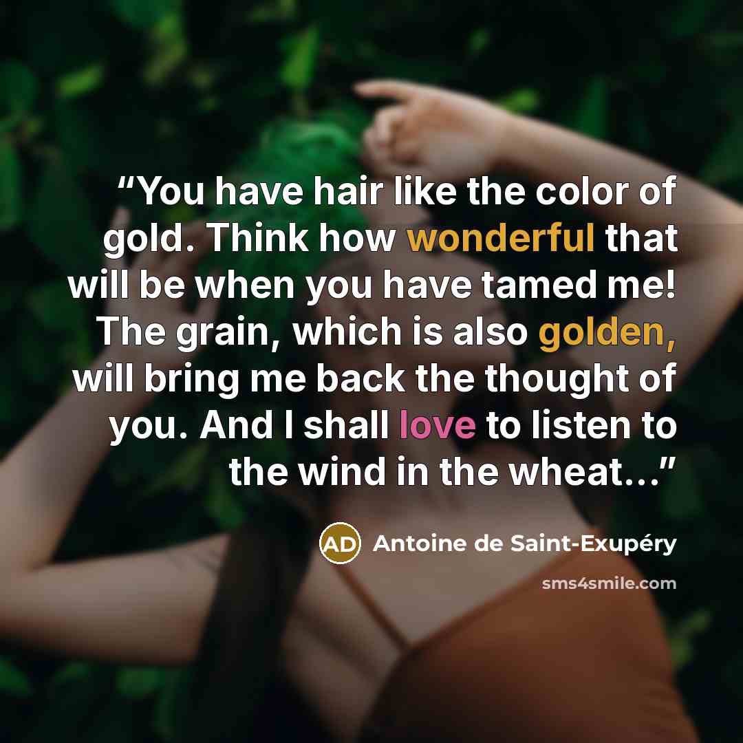 “You have hair like the color of gold. Think how wonderful that will be when you have tamed me! The grain, which is also golden, will bring me back the thought of you. And I shall love to listen to the wind in the wheat...” quote by Antoine de Saint-Exupéry