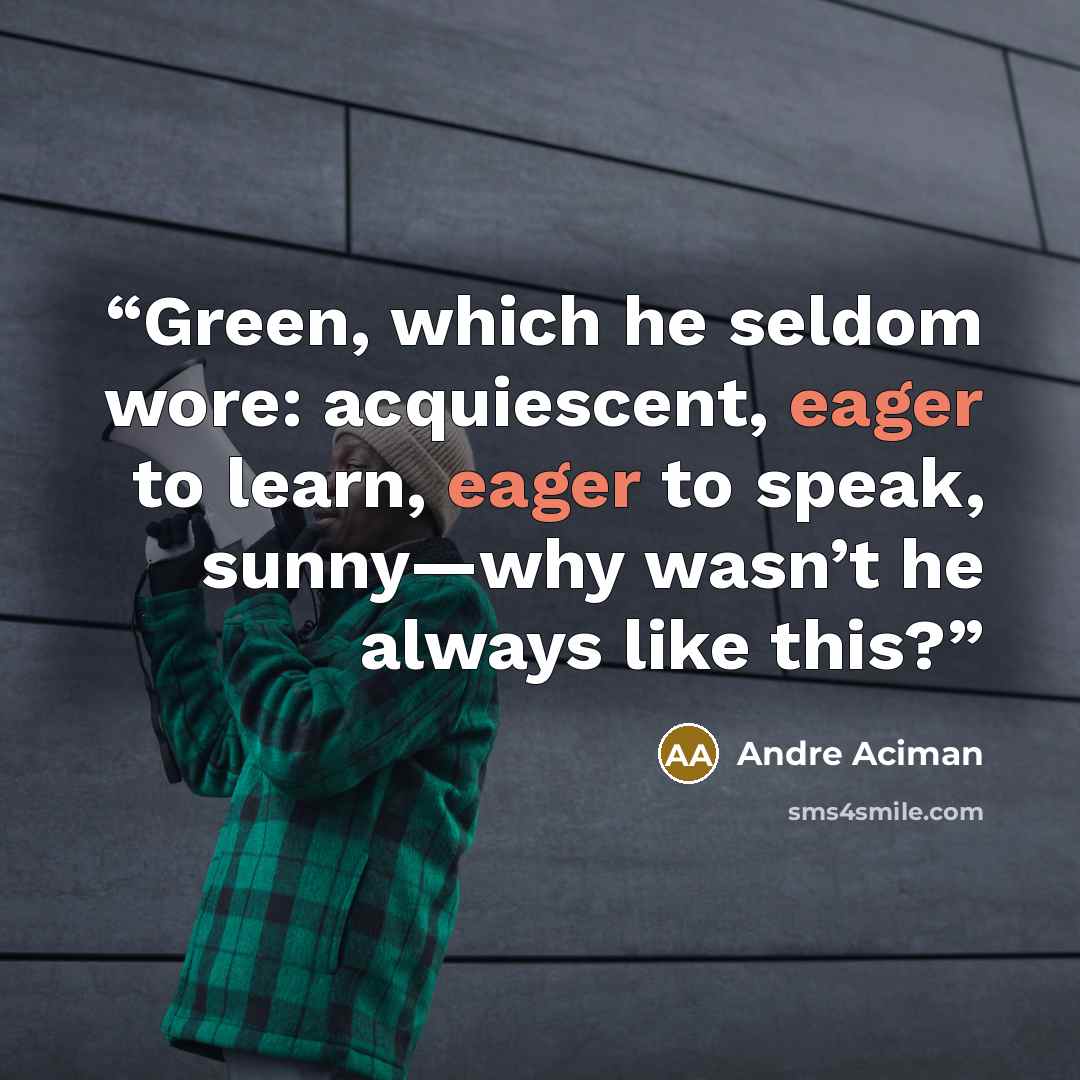 “Green, which he seldom wore: acquiescent, eager to learn, eager to speak, sunny—why wasn’t he always like this?” quote by André Aciman