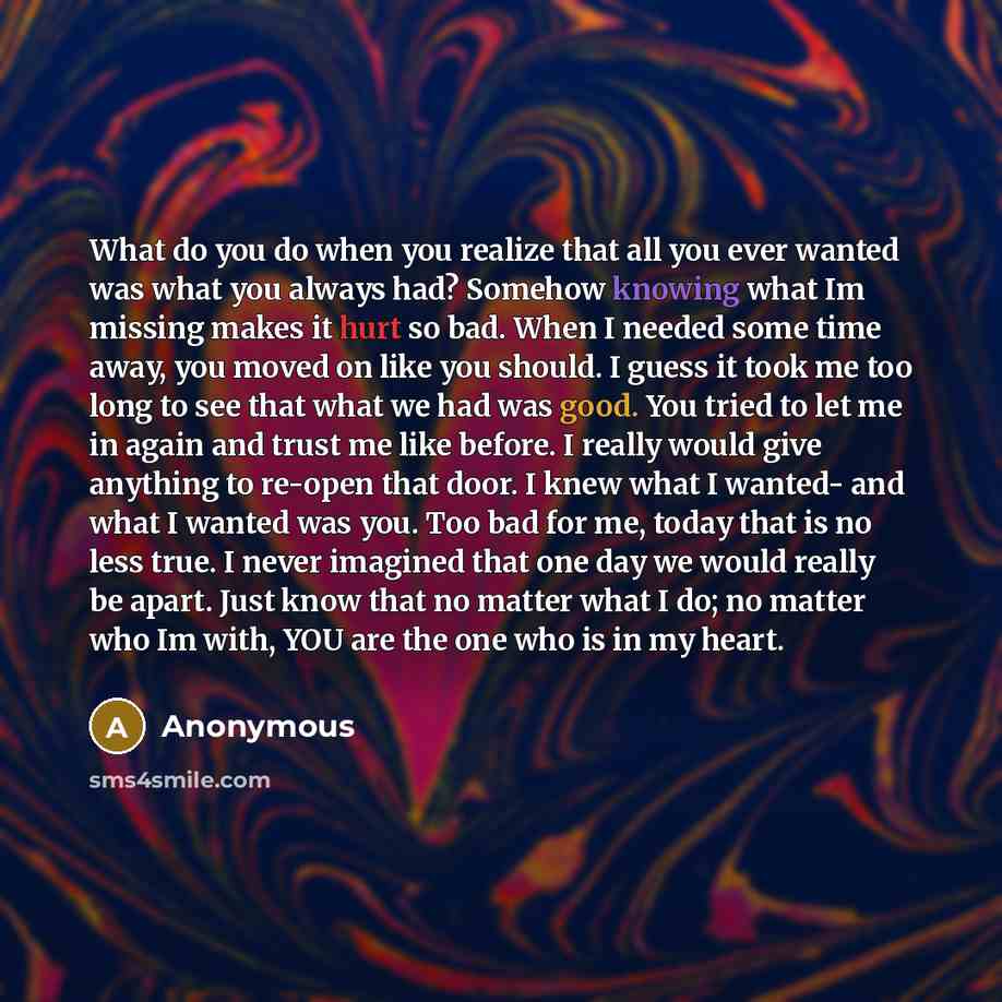 “What do you do when you realize that all you ever wanted was what you always had? Somehow knowing what Im missing makes it hurt so bad. When I needed some time away, you moved on like you should. I guess it took me too long to see that what we had was good. You tried to let me in again and trust…” quote by Anonymous