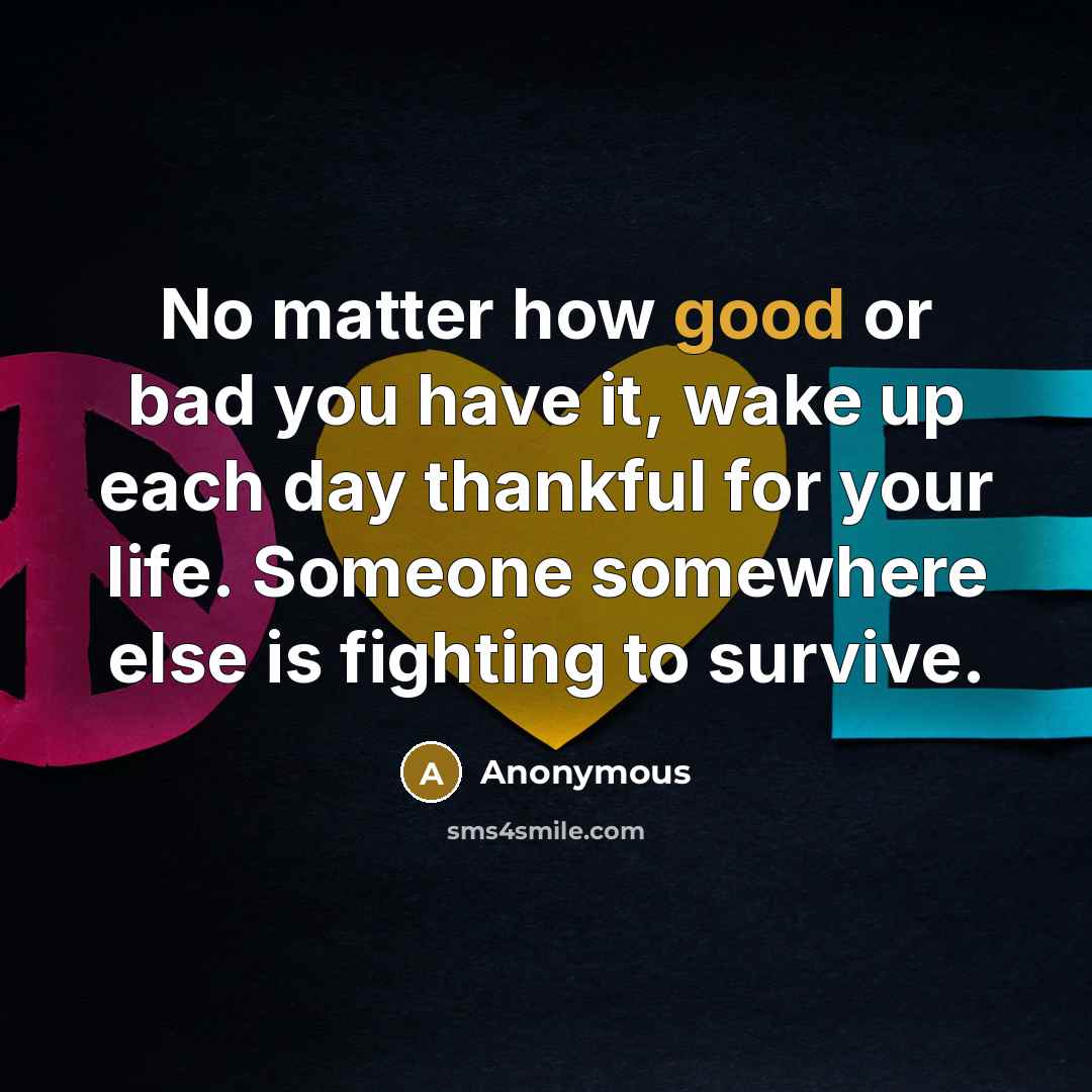 “No matter how good or bad you have it, wake up each day thankful for your life. Someone somewhere else is fighting to survive.” quote by Anonymous