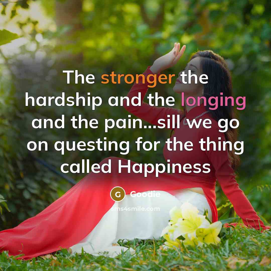 “The stronger the hardship and the longing and the pain...sill we go on questing for the thing called Happiness” quote by Goodie