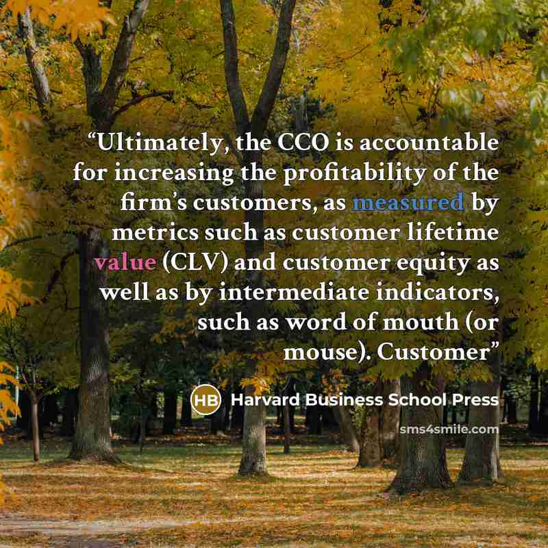 “Ultimately, the CCO is accountable for increasing the profitability of the firm’s customers, as measured by metrics such as customer lifetime value (CLV) and customer equity as well as by intermediate indicators, such as word of mouth (or mouse). Customer” quote by Harvard Business School Press