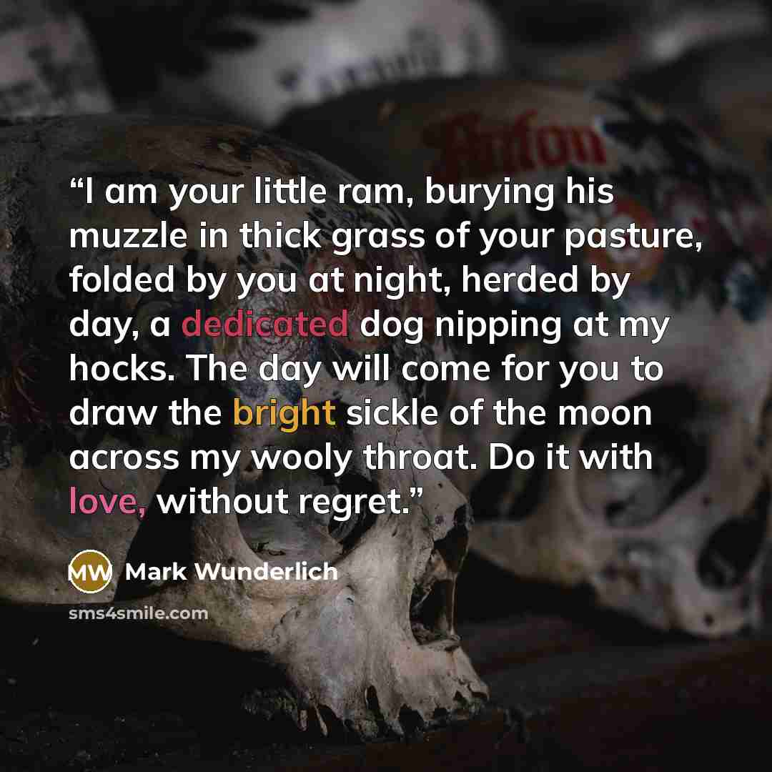 “I am your little ram, burying his muzzle in thick grass of your pasture, folded by you at night, herded by day, a dedicated dog nipping at my hocks. The day will come for you to draw the bright sickle of the moon across my wooly throat. Do it with love, without regret.” quote by Mark Wunderlich