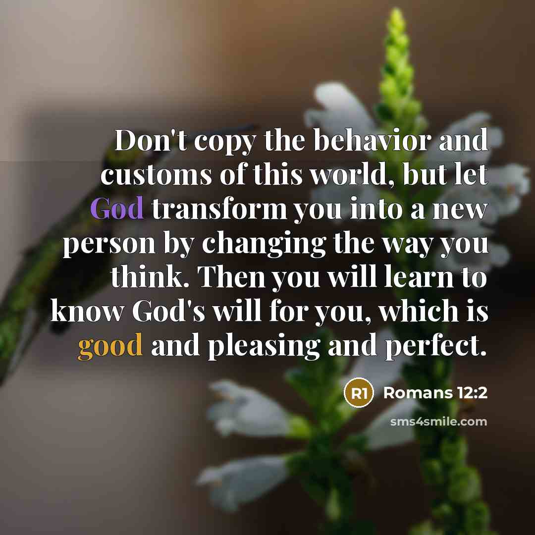 “Don't copy the behavior and customs of this world, but let God transform you into a new person by changing the way you think. Then you will learn to know God's will for you, which is good and pleasing and perfect.” quote by Romans 12:2
