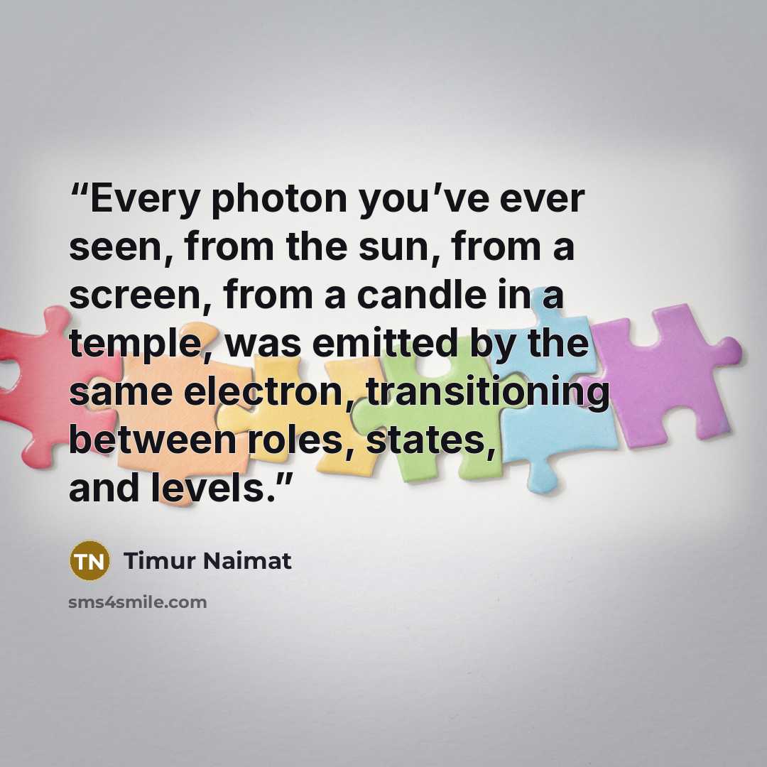 “Every photon you’ve ever seen, from the sun, from a screen, from a candle in a temple, was emitted by the same electron, transitioning between roles, states, and levels.” quote by Timur Naimat
